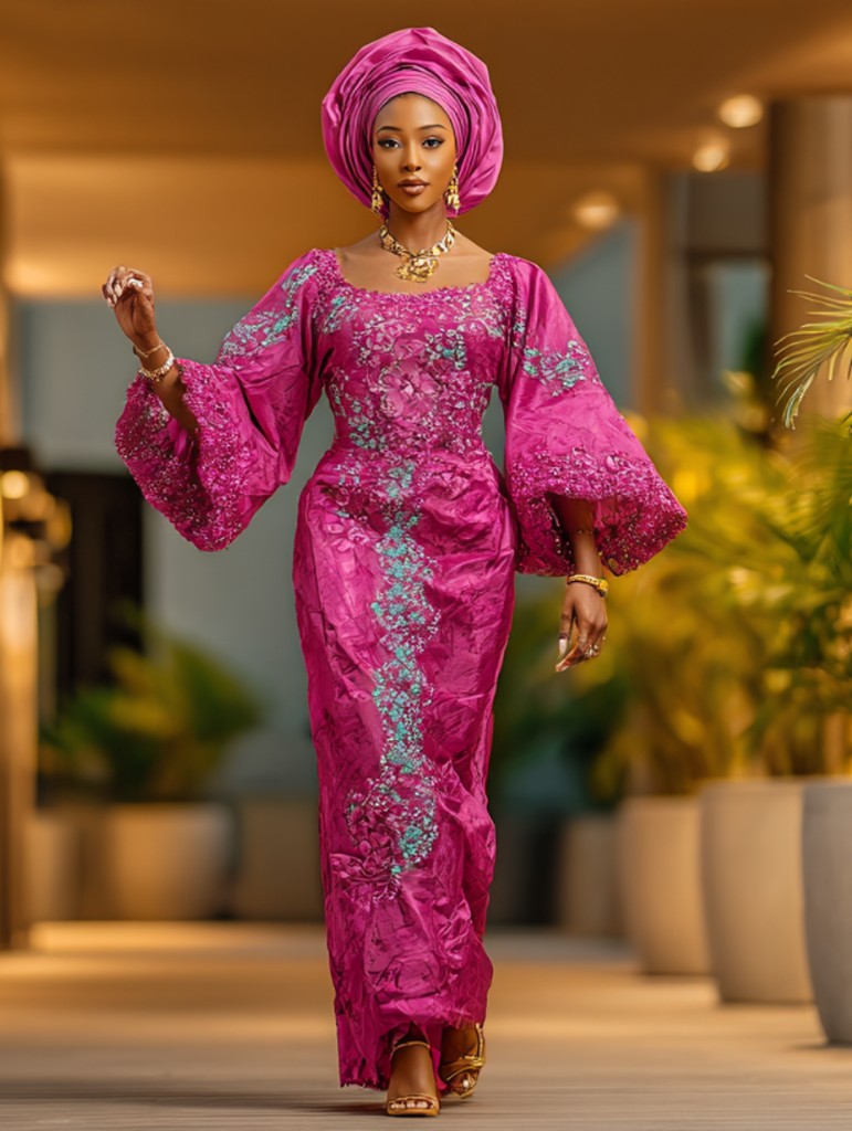 Woman in magenta traditional gown and gele, full-body — Preserving Heritage, Elevating Luxury