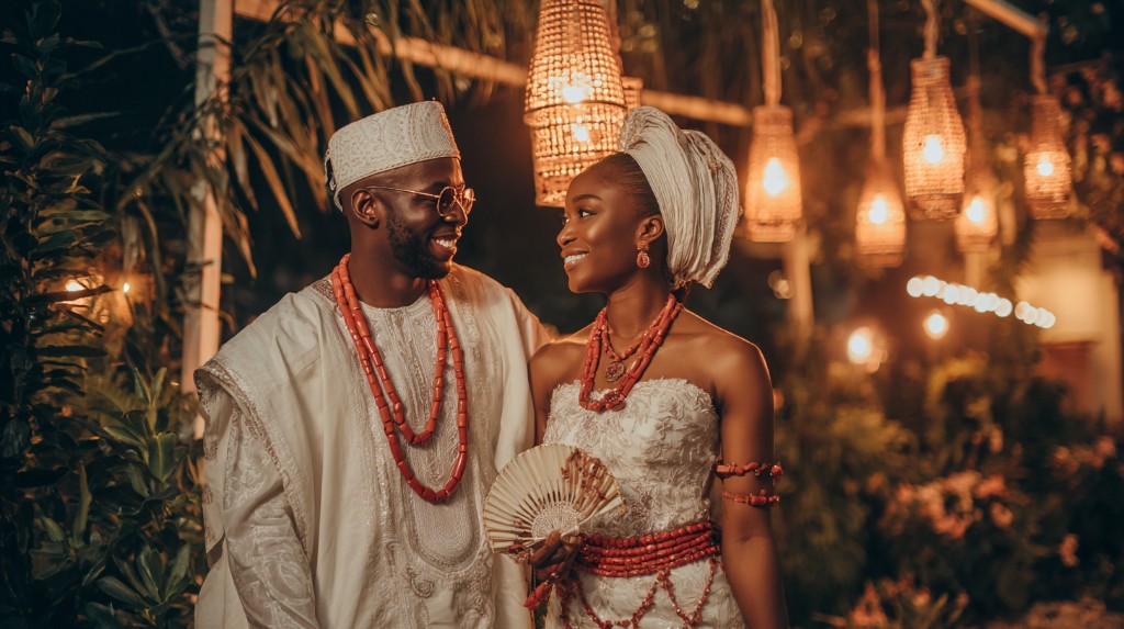 Couple in traditional Yoruba attire — agbada and gele with coral beads